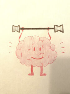 A cartoon brain holding up a weight with two books on each end of the stick. 